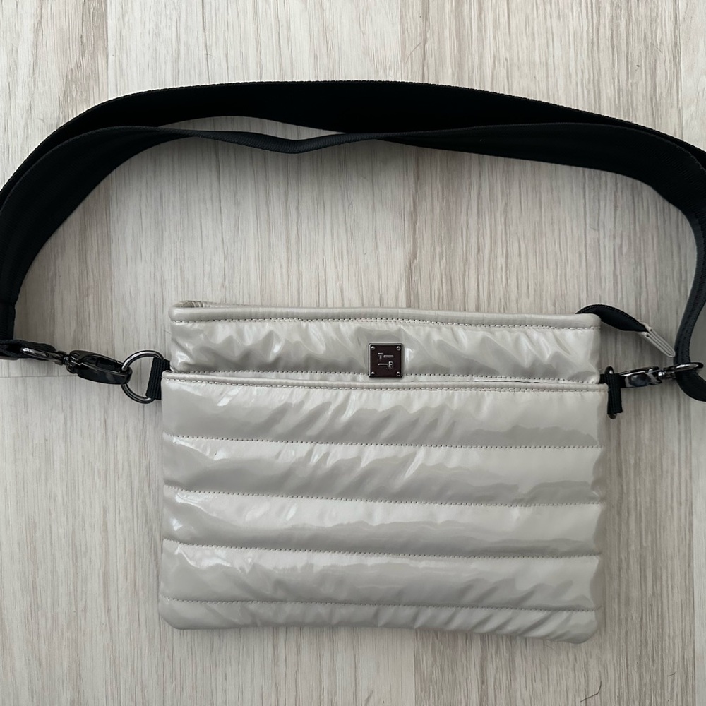 THINK ROYLN Quilted Puffer Crossbody in Light Gray with Black Strap